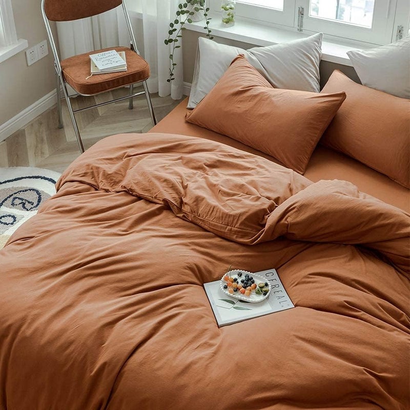 AMWAN Jersey Knit Cotton Duvet Cover Set Solid Pumpkin Color  Luxury Soft Comforter Cover Queen Size 3 Piece Bedding Set 1 Duvet Cover 2 Pillowcases Set - Image 3